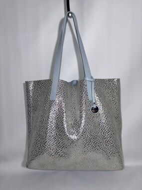 Coccinelle Grace Reversibile Nappa Celeste Silver Reversible Shopper Tote Bag
